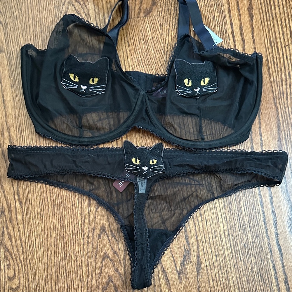 Adore Me Black Cat Embroidered Bra Set